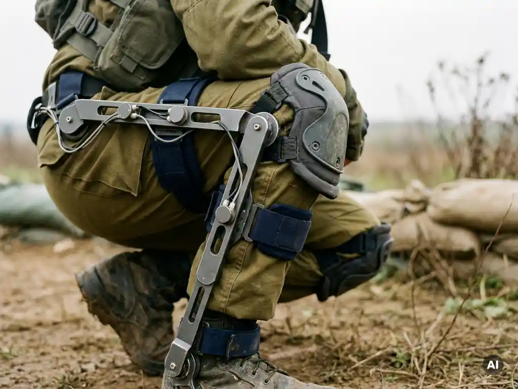 Soldier in tactical gear crouching with a lightweight military leg exoskeleton, sensor nodes and mechanical joints visible along the olive-green frame.