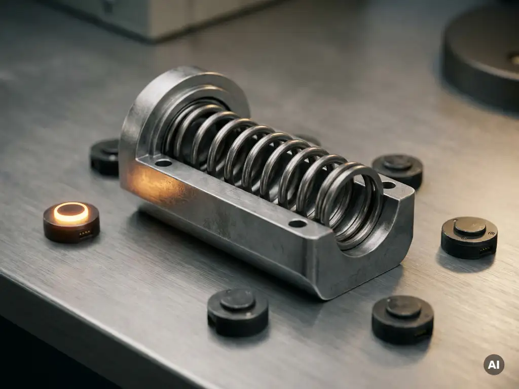 Coiled mechanical spring in precision housing on metal workbench, with one amber-glowing sensor node active among several dark nodes.