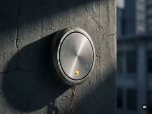 Precision acoustic sensor flush-mounted on weathered concrete wall with copper wiring, dramatic side-lighting, shallow depth of field.