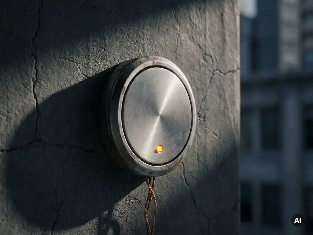 Precision acoustic sensor flush-mounted on weathered concrete wall with copper wiring, dramatic side-lighting, shallow depth of field.